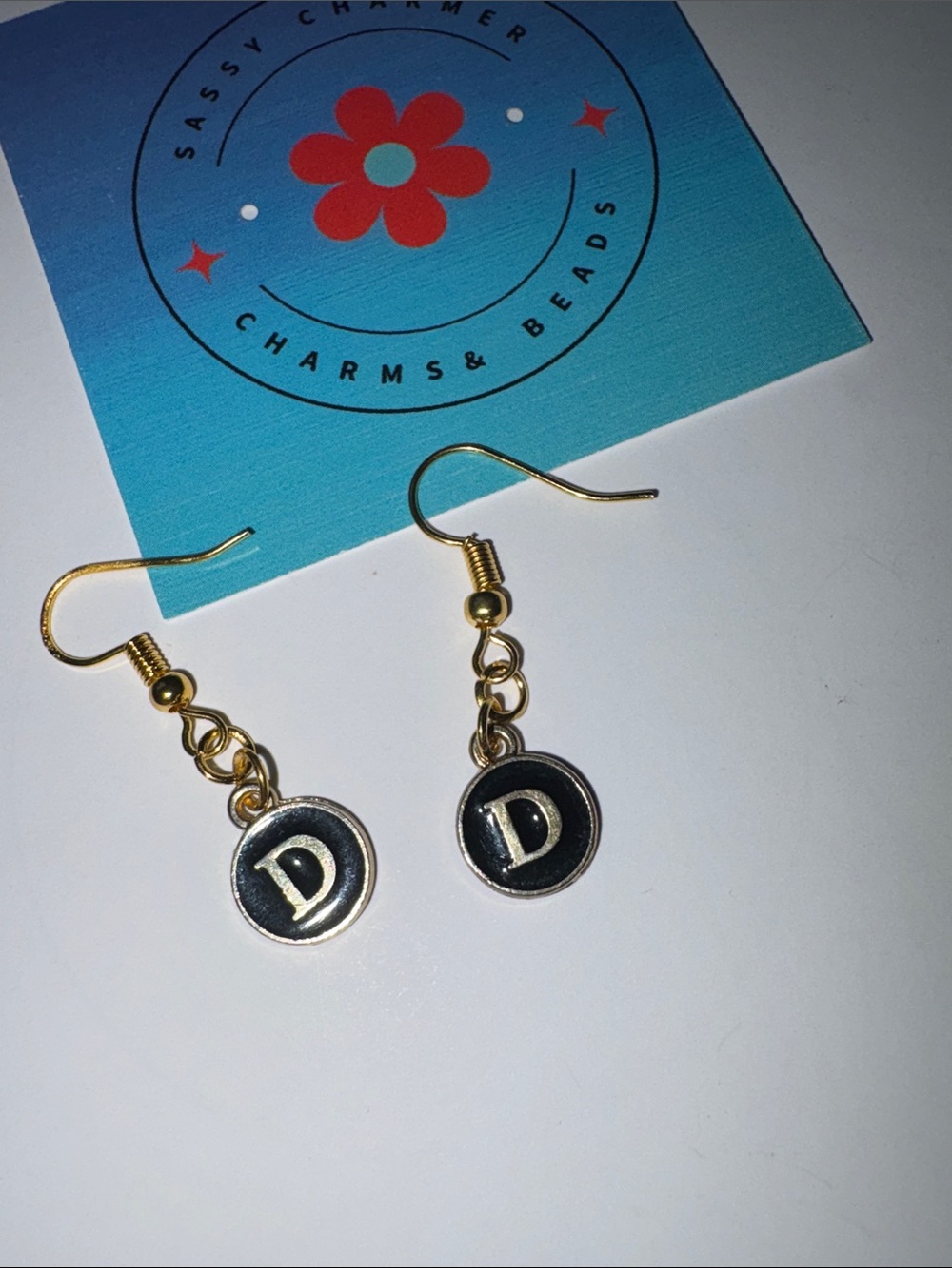 Gold Initial D Drop Earrings - Black & Gold by Sassy Charmer